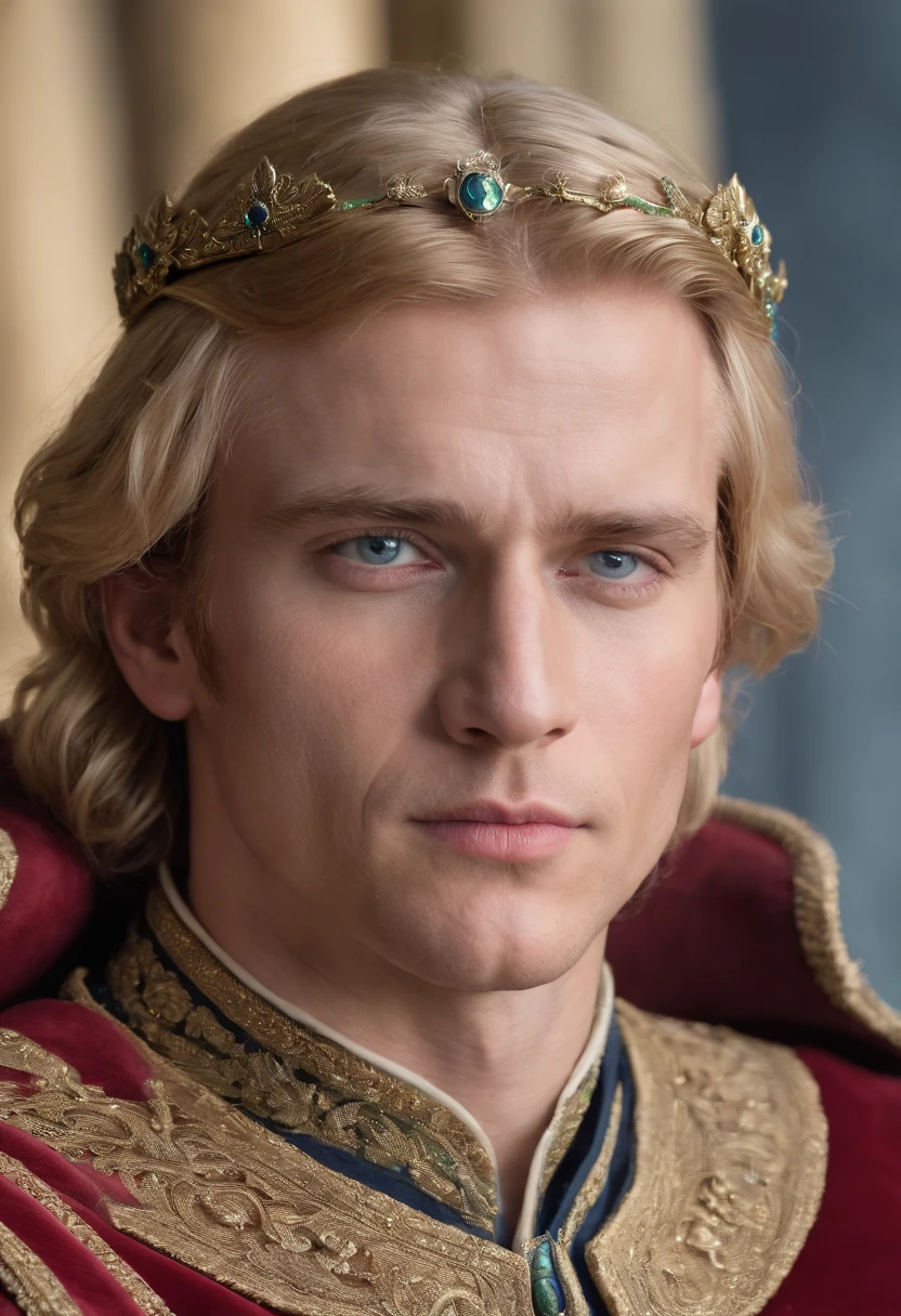 A royal king with luscious blonde hair and has a distinct jawline and beautiful blue eyes and a mean look on his face. He is surrounded by many Seahawks that are the distinctive colors green and blue. He is seated on a dark blue and lime throne that is jeweled to perfection. He has a silver crown and a red slash on his cheek