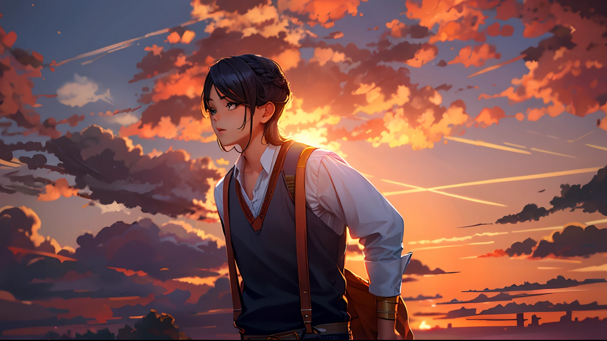 the sunset，eventide，middle parted hairstyle，Suspenders