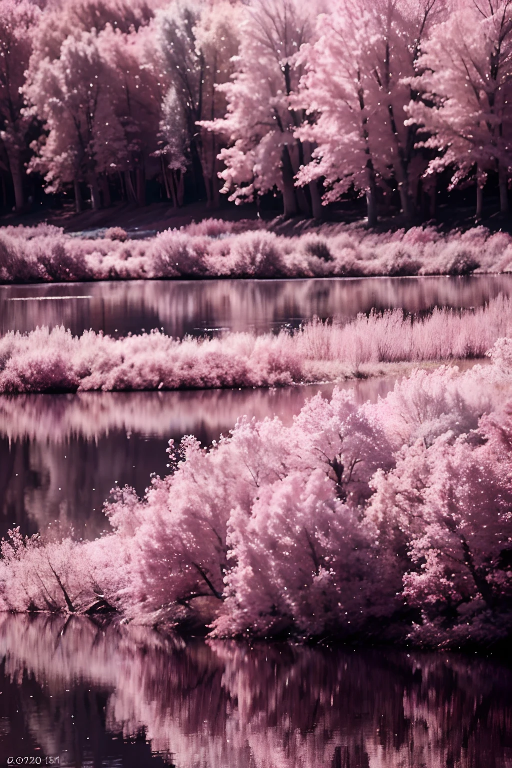 purple trees and bushes are reflected in a still - flowing river, infrared photography, pink landscape, pink reflections, infrared, beautiful nature, pink trees, really beautiful nature, infra - red, pink forest, pink tree beside a large lake, surreal colors, infrared film, cotton candy trees, infared photography, purple water, purple trees, very magical and dreamy