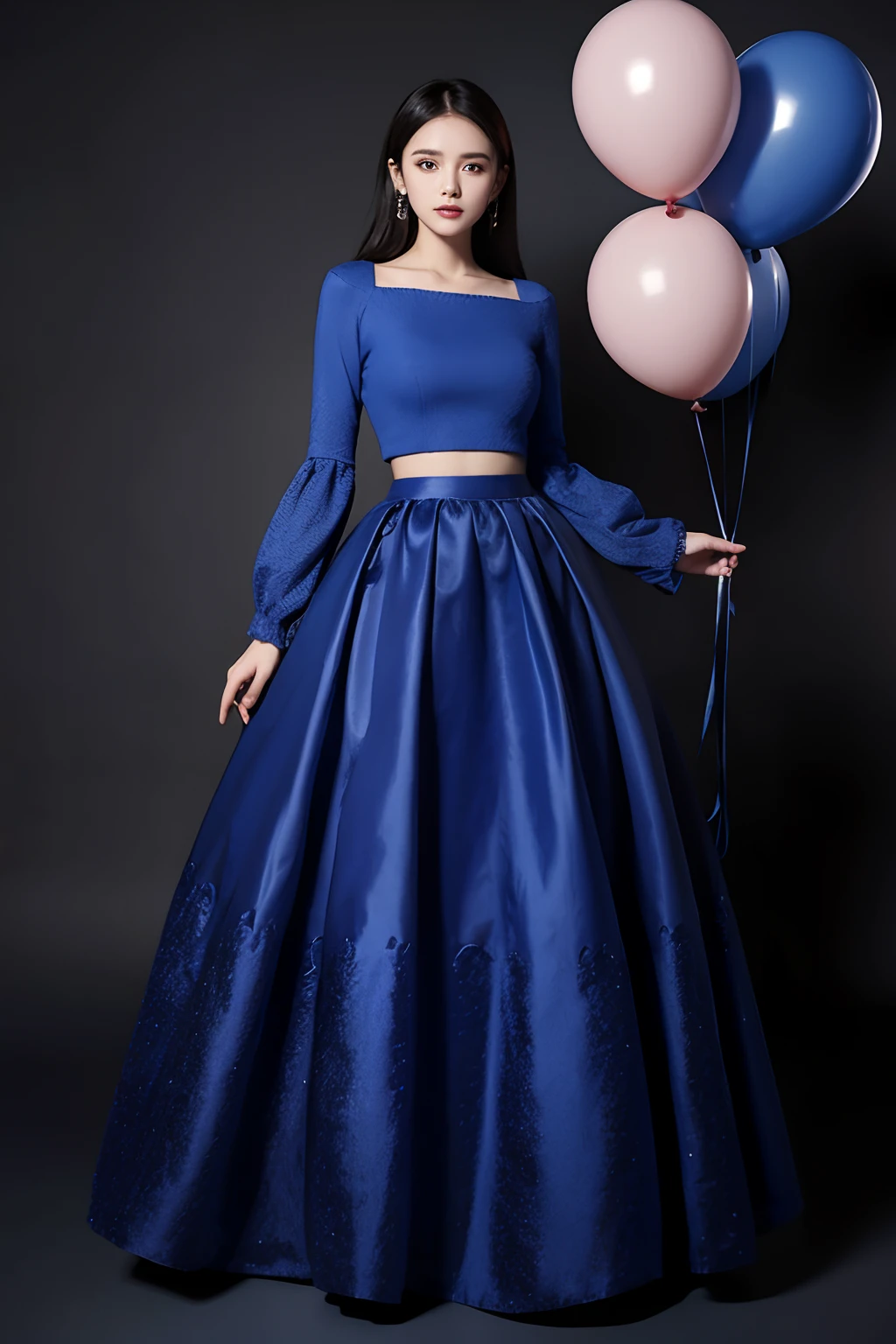 Balloon sleeves,high-waist long skirt,royal blue,Woolen texture,Tall