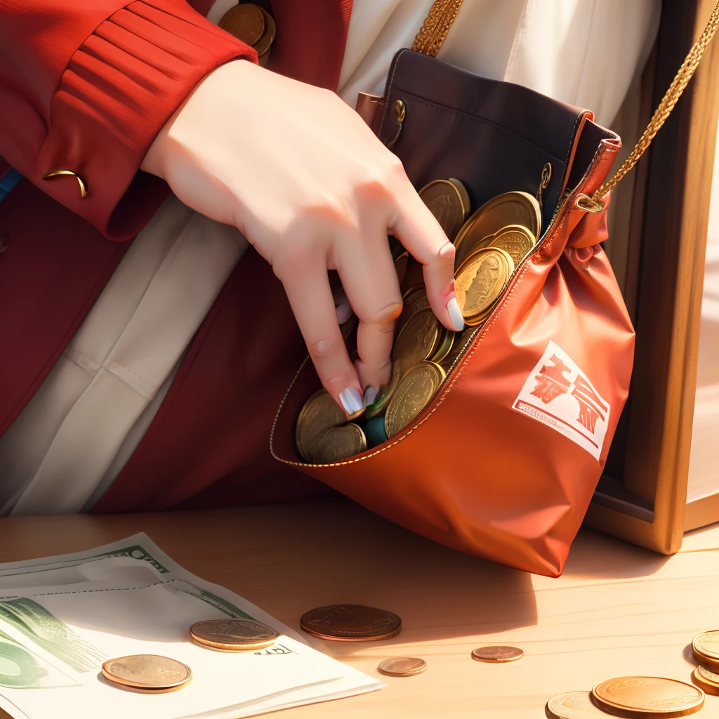 A money bag，Three copper coins，A five-star red flag