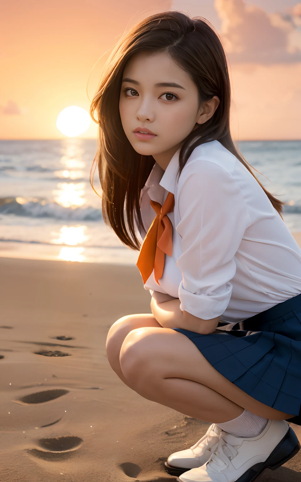 close-up , From below, top quality, masterpiece, 16 K, Photorealistic, Concept art, Beautiful cool girl squatting on the beach , Beautiful face, Beautiful medium bob hair in light brown, beautiful light brown eyes, Plump breasts, look at viewr, blush, High School Uniform, White blouse, pleatedskirt, Black socks, Sunset Sea Shore, Orange sky, Beautiful clouds,