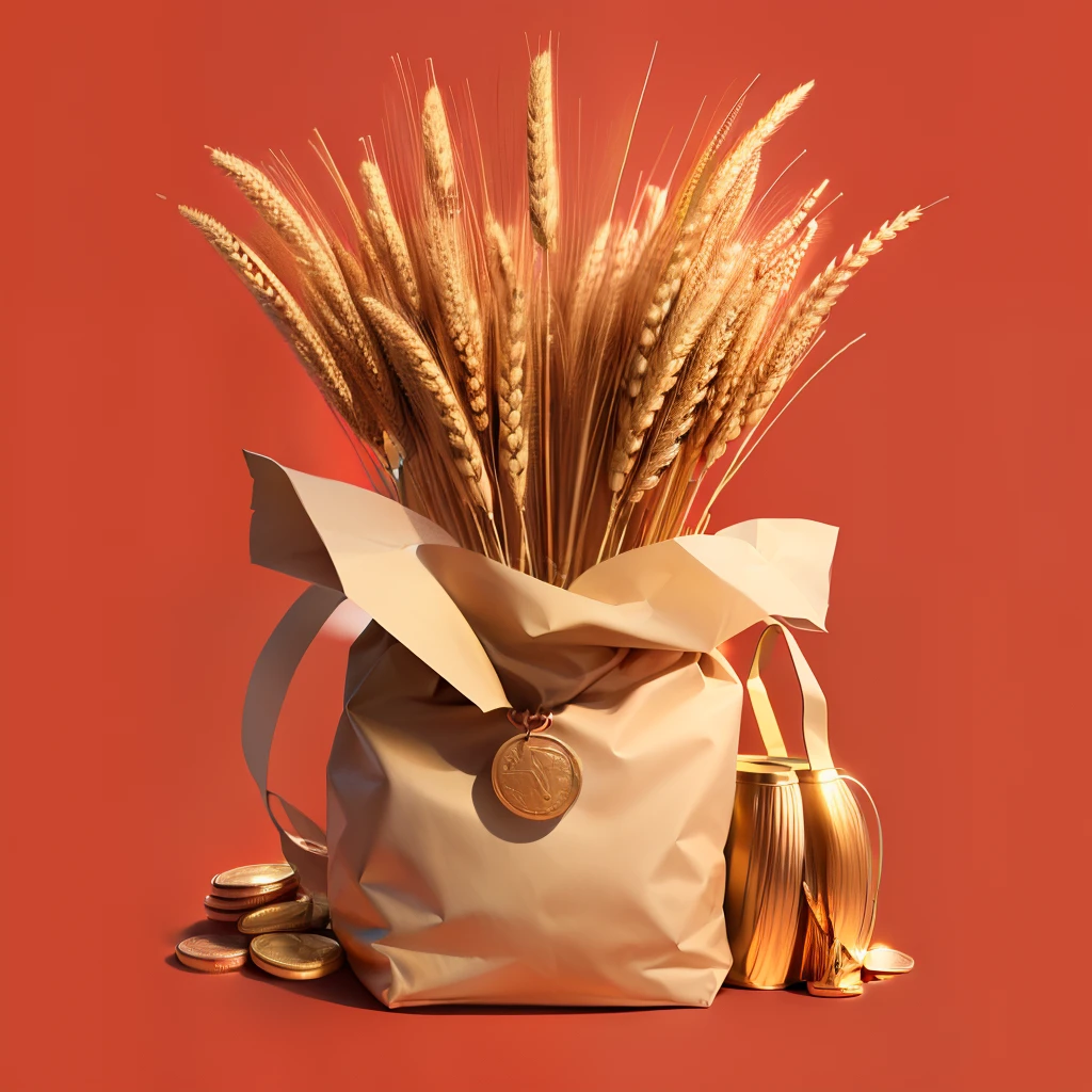 A money bag，Three copper coins，Red flag，Two bunches of ears of wheat，Design a logo