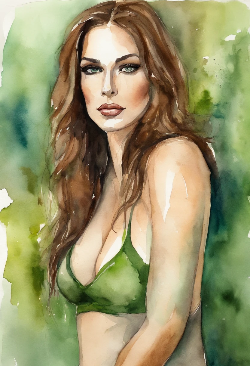 Artistic sketch of a busty women, abstract, brown hair, green eyes.