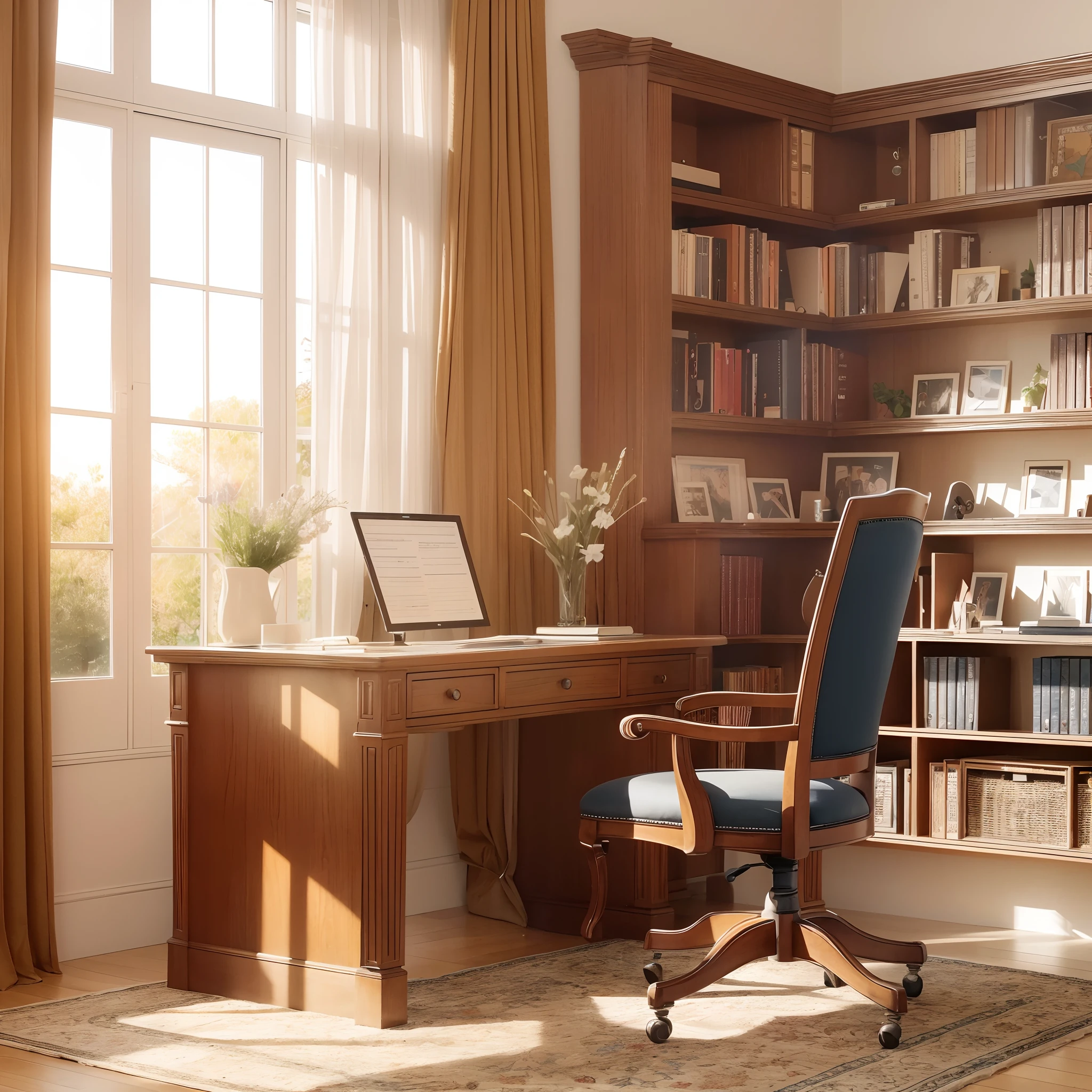 and the sun was shining brightly,A neat writing room,desk,Image scale 16:9 --auto --s2