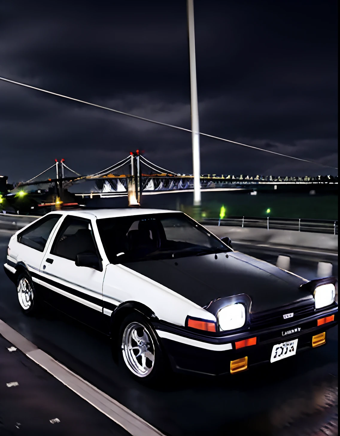 32K Ultra Hi-Vision、Photorealsitic、top-quality、Raw photo、hiquality、Photo Contest Winners、Pulling photo、shot from drone、Rear view of Toyota AE86 Trueno、((Drive along Tokyo's highways with beautiful night views))、(Skyscraper)、((Carbon bonnet specification:1.2))、(Rain-soaked road surface、Headlights reflecting on the road surface:1.2)、(Beautiful night view、Background blur:0.7)