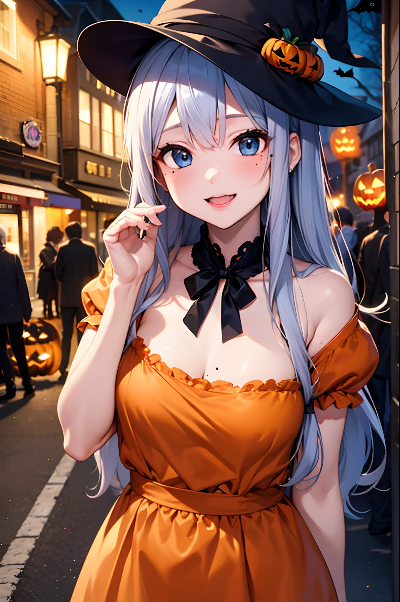 (Girl with a nasty appearance:1.1)、(Daytime:1.5)、(and chest:1.4)、Raw photography, top-quality, hight resolution, (masterpiece), (Photorealsitic:1.4), (Mole under the eyes),Anime Cosplay, foco nítido, nffsw, 8K分辨率, intricate detailes, depth of fields, the Extremely Detailed CG Unity 8K Wallpapers, front lit, femele,25-years old、 His lips are smiling、(tying hair:1.5)、(Medium Showtrain Bo Hair)、(Orange dress with Halloween pattern:1.3)、blue eyess,(Halloween Eve:1.5)、(Bustling street:1.3)、(Full body depiction)、(Jack-o'-lantern:1.2)、cute horns、Devil's Wings、Jack-o'-lantern making、Cars in flames、Cosplay Crowd、Colorful crowd、lunch、suns、Hyakki Night Line