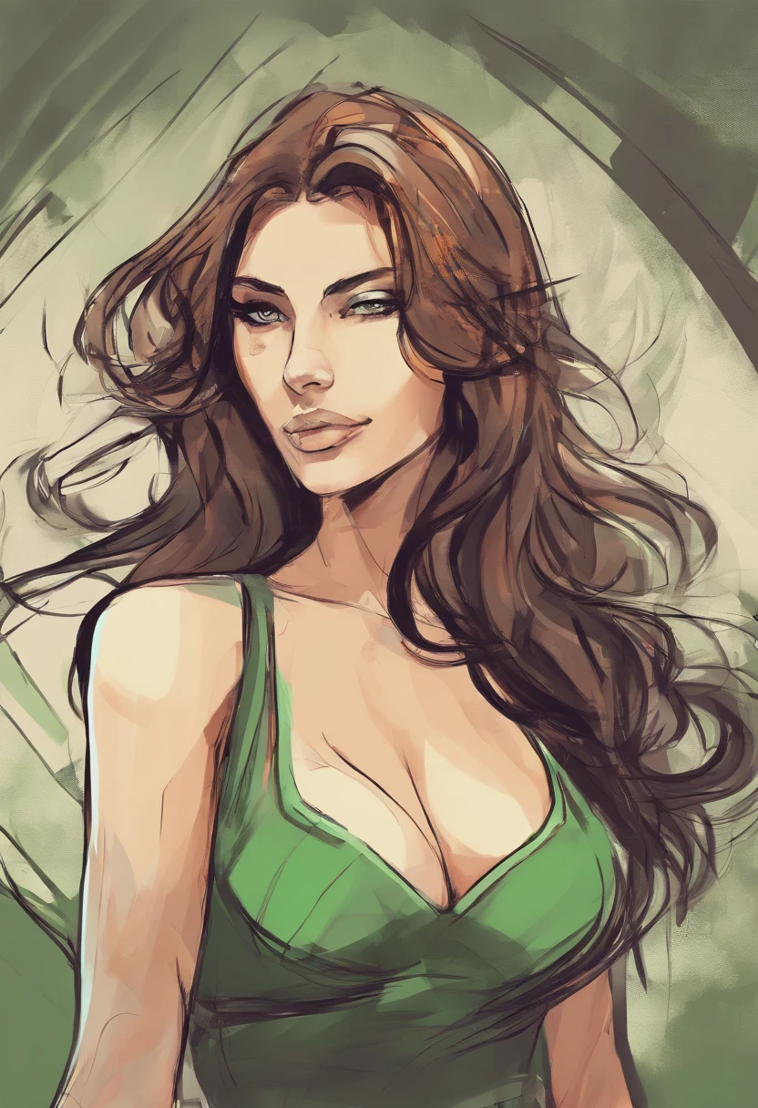Artistic sketch of a busty women, abstract, brown hair, green eyes., big boobs.