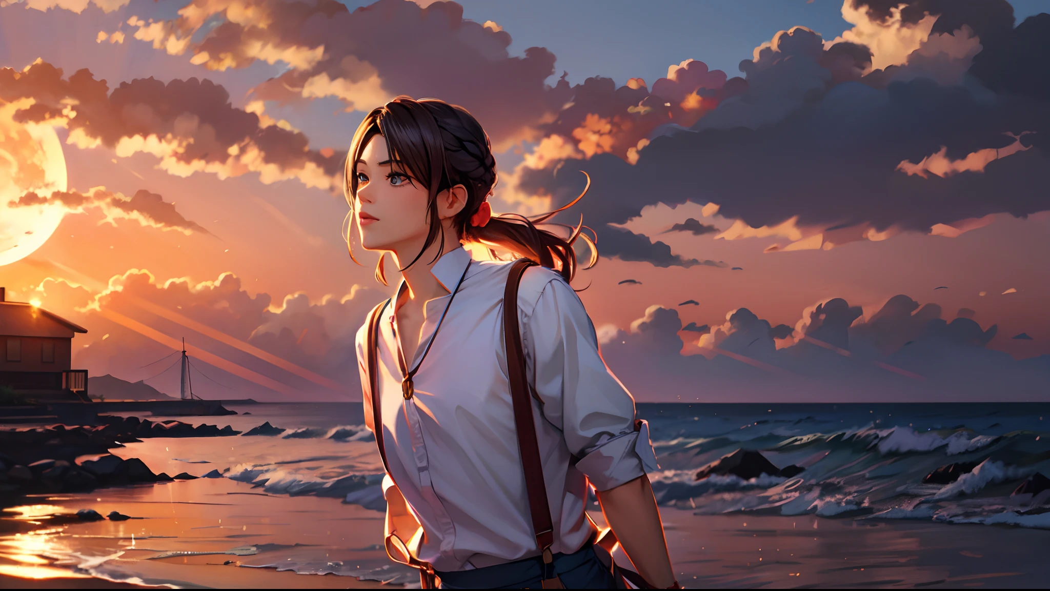 the sunset,eventide,middle parted hairstyle,Suspenders