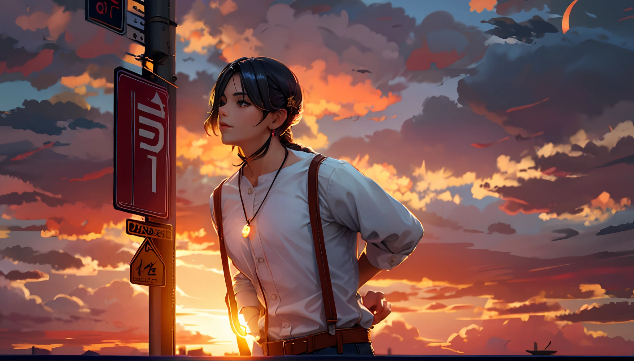 the sunset,eventide,middle parted hairstyle,Suspenders