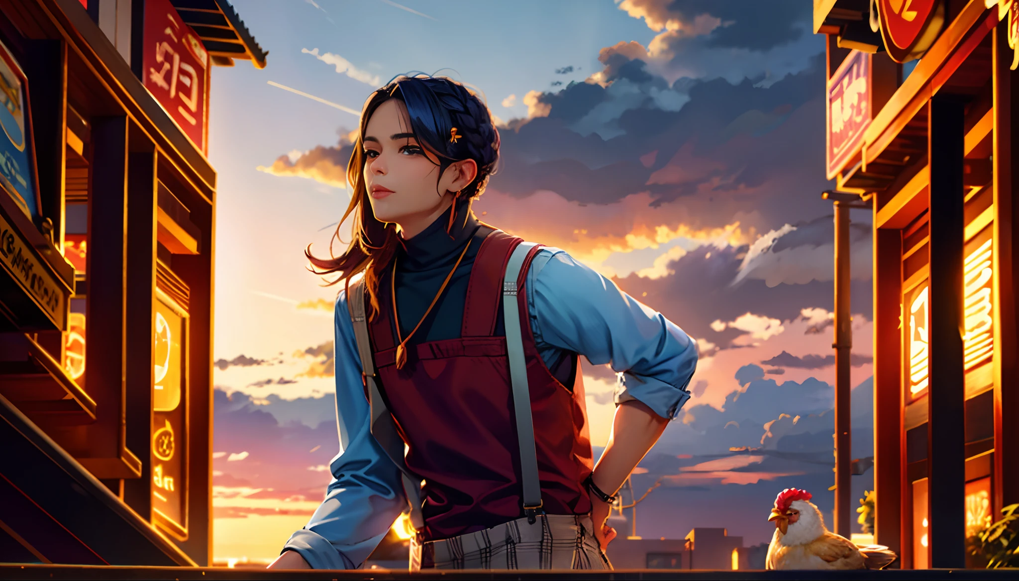 the sunset，eventide，middle parted hairstyle，Suspenders，Grab the chicken