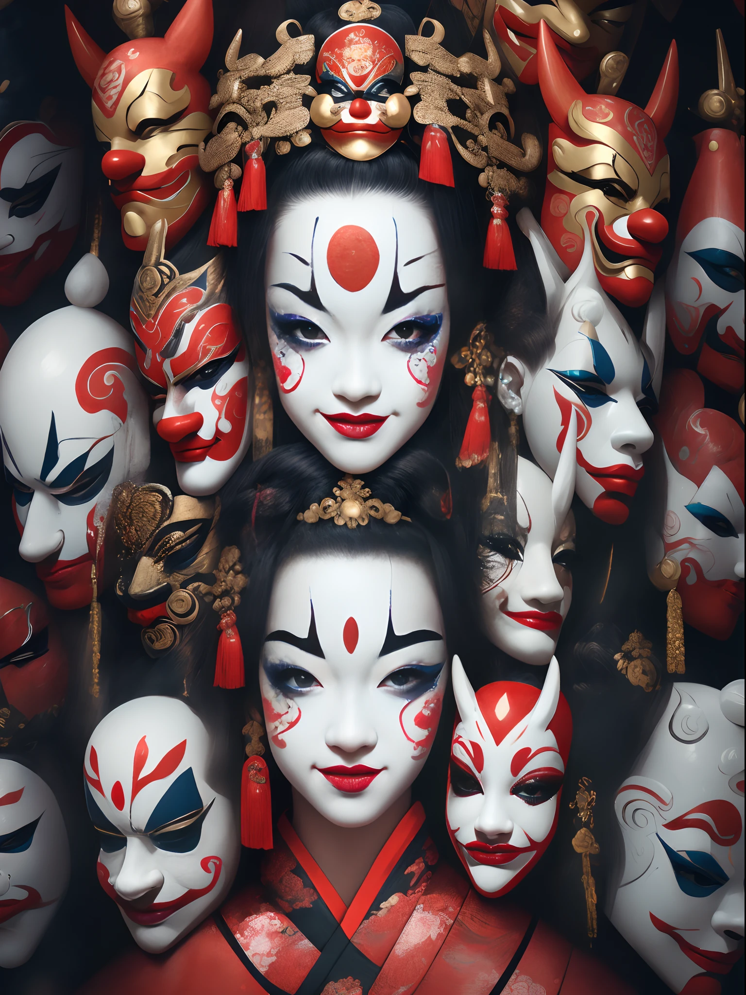 （Close-up of a girl's face）。The clown mask on the left side of the face，The right side is painted with a Peking Opera mask，Symmetrical up and down，Perfect integration