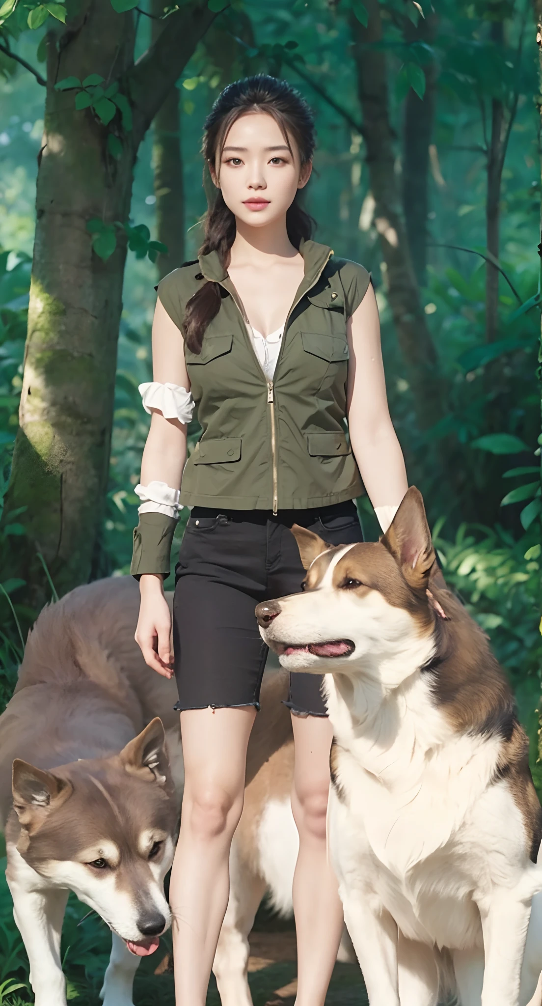 Real life adaption of this character, beauty face,looking to viewer,realistic same hair ,realistic jungle with many grass background, hyper realistic, realistic light, realistic shadow, realism,(photorealistic:1.2), (realistic same outfit ), Realistic dog