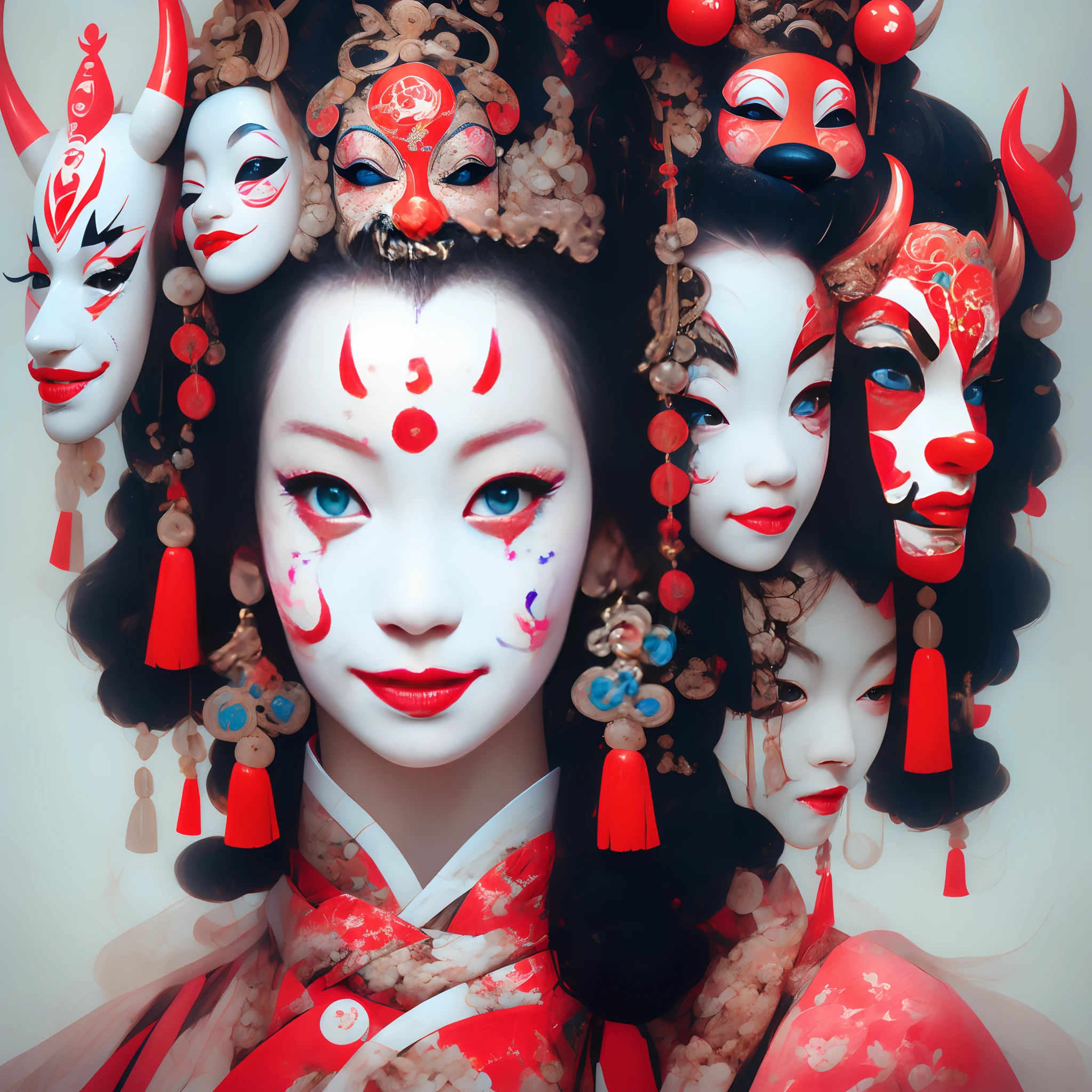 （Close-up of a girl's face）。The clown mask on the left side of the face，The right side is painted with a Peking Opera mask，Symmetrical up and down，Perfect integration