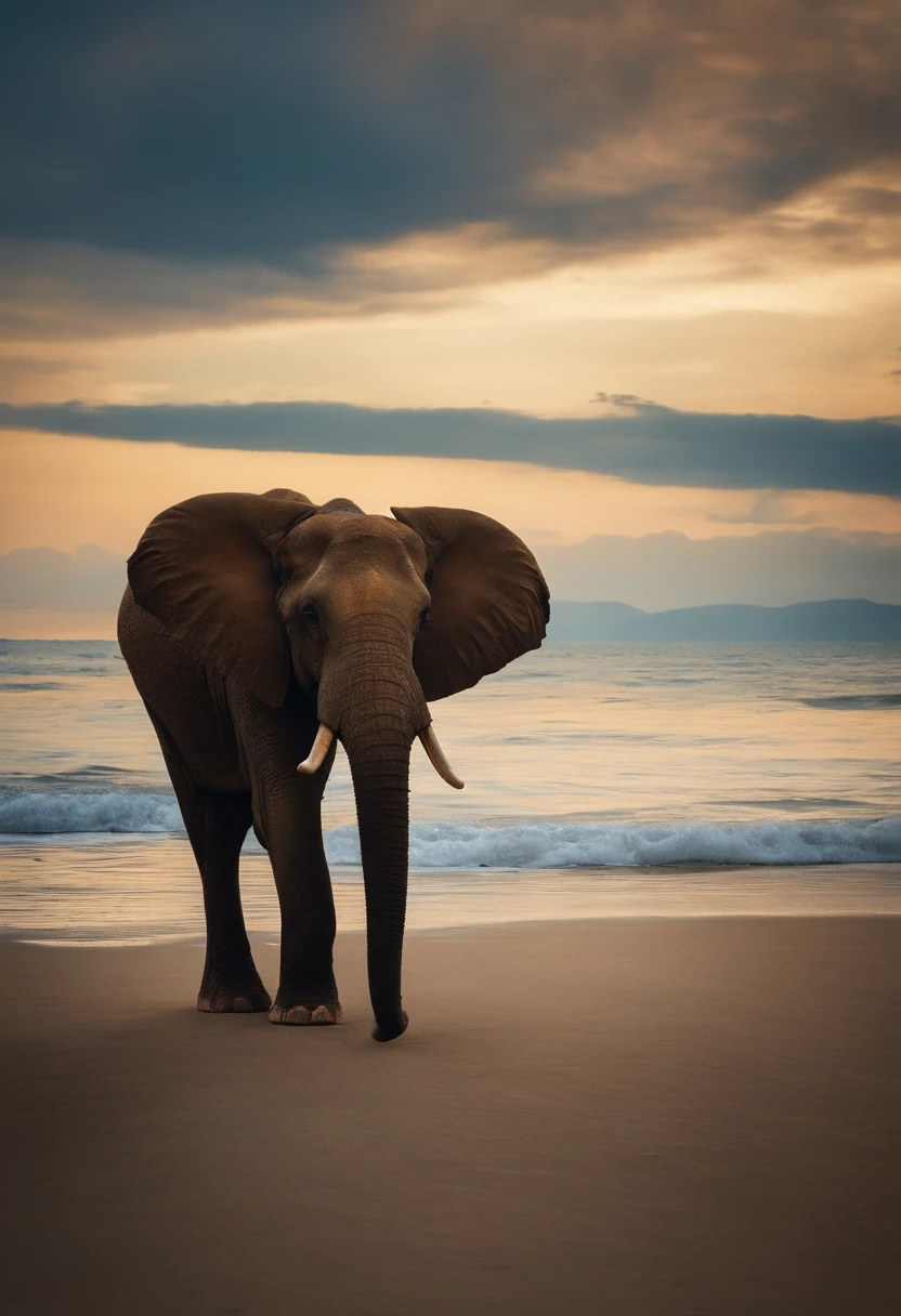 An elephant，Take a walk by the vast sea