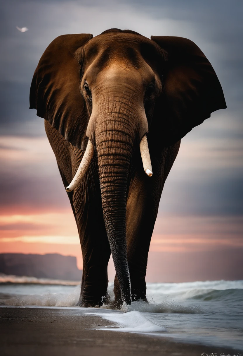 An elephant，Take a walk by the vast sea