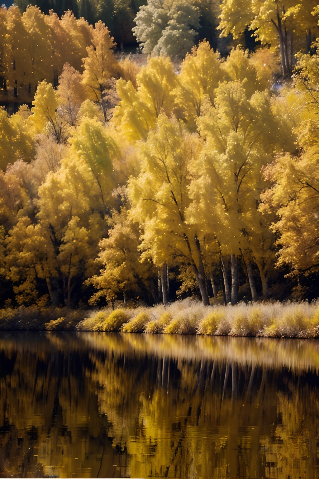 yellow trees and bushes are reflected in a still - flowing river, infrared photography, yellow landscape, yellow reflections, infrared, beautiful nature, yellow trees, really beautiful nature, infra - orange, yellow forest, yellow tree beside a large lake, surreal colors, infrared film, very magical and dreamy