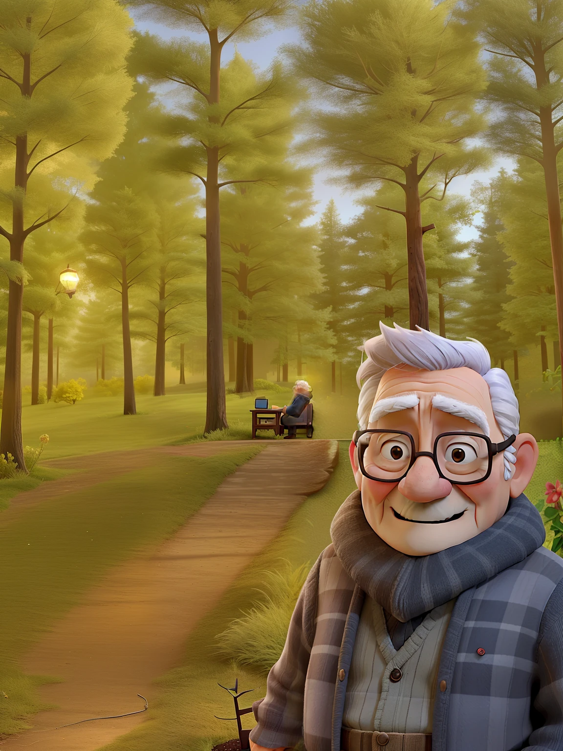 A wise old man standing in front, illuminated by the light of a lamp, against the backdrop of a library