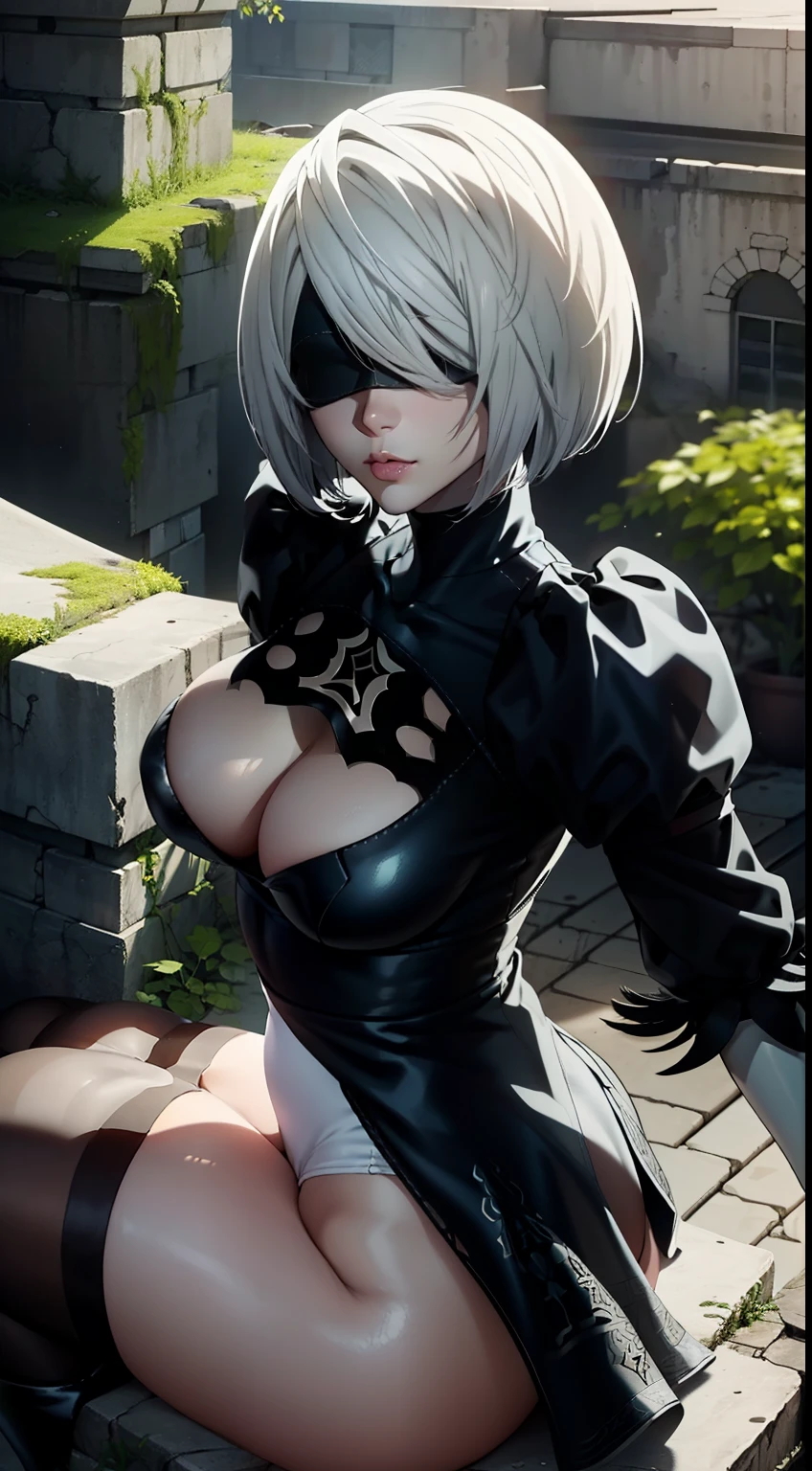 distant view, Camera from above, sits on the edge, Sits, Camera from above, Frame from above, sits on the edge of the roof, White Hair Bob, ashy hair, The eyes are covered with a bandage, Cyan eyes, black dress with a short skirt, short black skirt, Skirt covers buttocks, neckline on the chest, white panty, black stockings, high black boots, high-heeled boots, very extremely beautiful, Slender figure, Full-length(Body Full 1.1),Game nier automata, ruined city, The city, overgrown with plants, Ruins, high detail official illustrations, ((beautiful fantasy girl))，Red Small Breasts, Her breasts are sticking out from under her clothes, BREAK (Master Part: 1.2), Best Quality, High Resolution, photorealestic, photogenic, Unity 8k壁纸, (illustartion: 0.8), (Beautiful detailed bluish-gray eyes: 1.6), extremely detailed face, perfect  lighting, extremely detailed CGI , (perfect arms, perfect anatomy), A girl with perfect breasts, beatiful face, master study, intricate details, Detalhes realistas, the anime, (Based on nier automata) the perfect body, The Perfect Girl, perfect details, Ultra HD |, 8K, Professional photo, 2B Sexy Body,