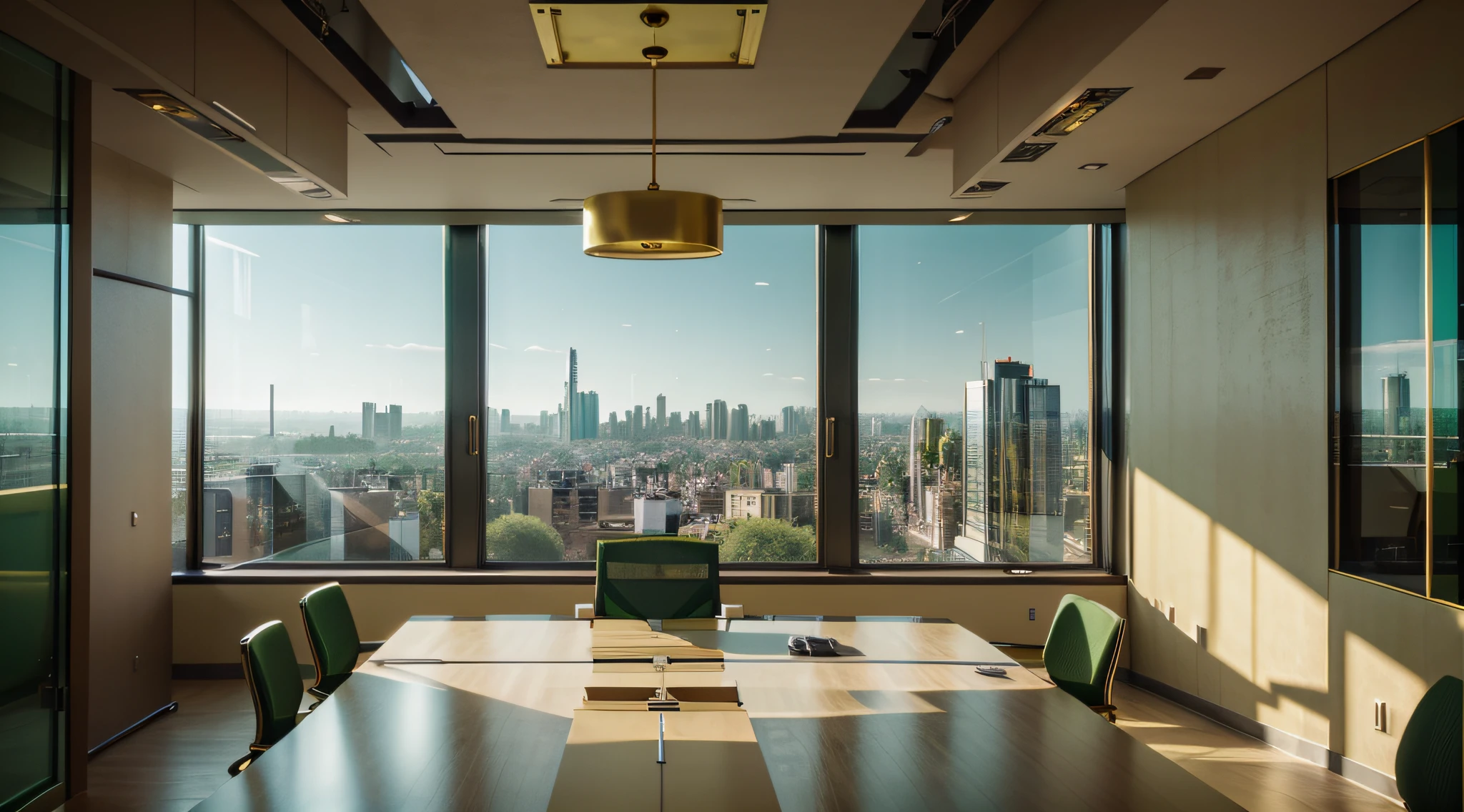 realistic green and gold color scheme large boardroom with city through the window. Make the letter "M" in gold hanging elegantly on wall, 4k, stunning
