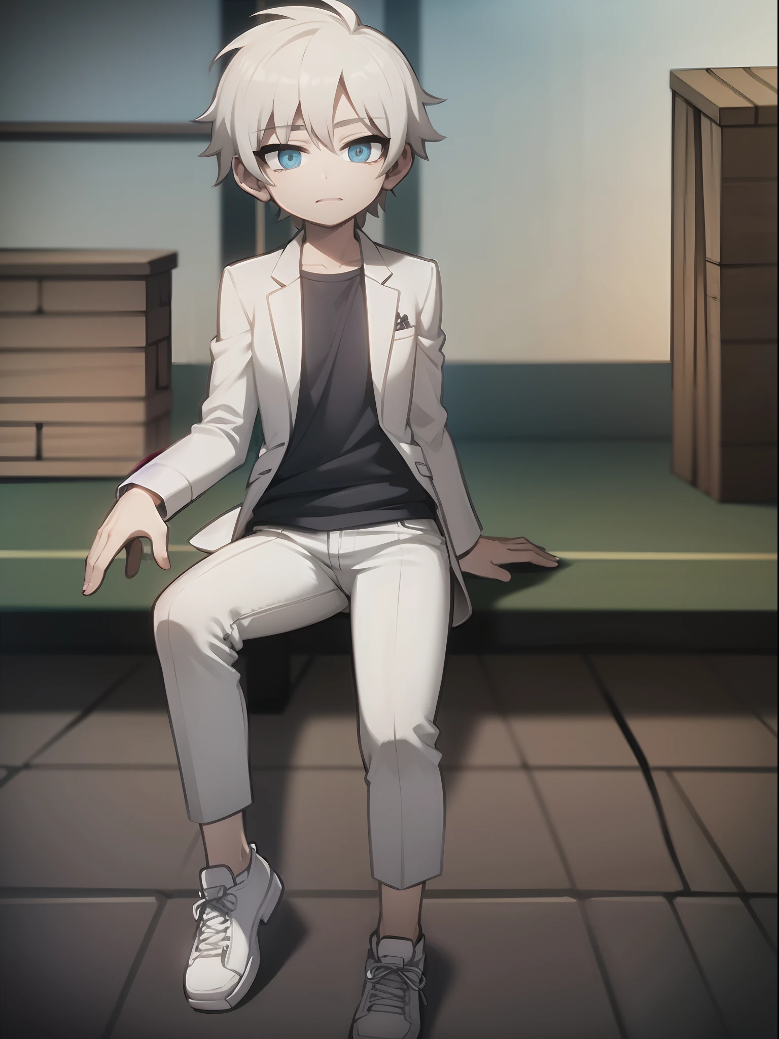  boy, white short hair and blue eyes, white jacket, dark green pants, sitting