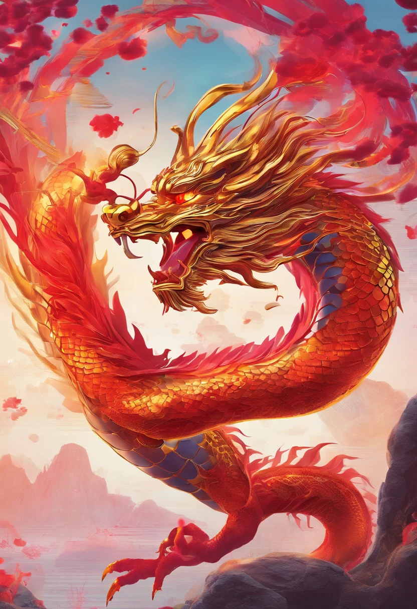 Chinese Dragon,Traditional Chinese Culture,Levitating,crawling,Golden-bodied scales,Red tone,Neon blurred background,Splash ink,tmasterpiece,4K