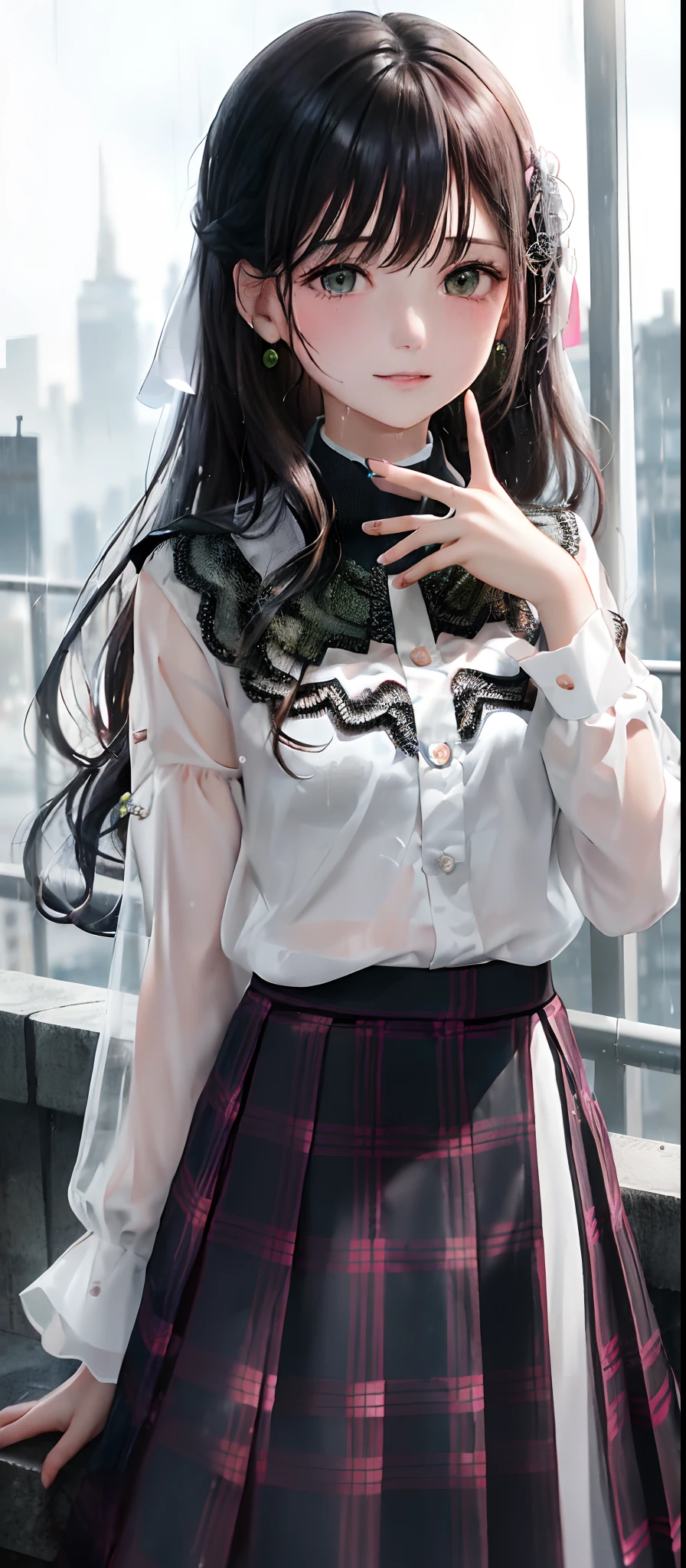 1girl, (Best Quality:1.1), (Best Quality:1.1), (White Blouse:1.1), No Girl, Rain, Drenched, Dripping Droplets, Pink Ledge, Sheer, (Plaid Skirt: 1.1), Hanfu, Blake [Blue:Pink:0.5] Theme, (City Backdrop: 1.1), Denim Lenses, Blake Silver, Long Hair, Green Eyes, Delicate Headdress, Sideways,