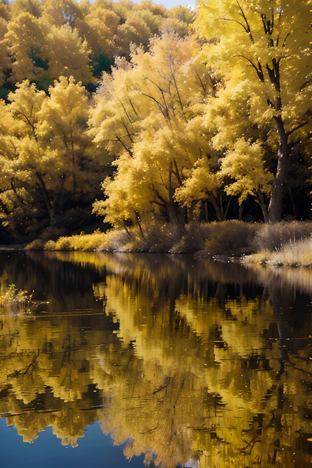 yellow trees and bushes are reflected in a still - flowing river, infrared photography, yellow landscape, yellow reflections, infrared, beautiful nature, yellow trees, really beautiful nature, infra - orange, yellow forest, yellow tree beside a large lake, surreal colors, infrared film, very magical and dreamy