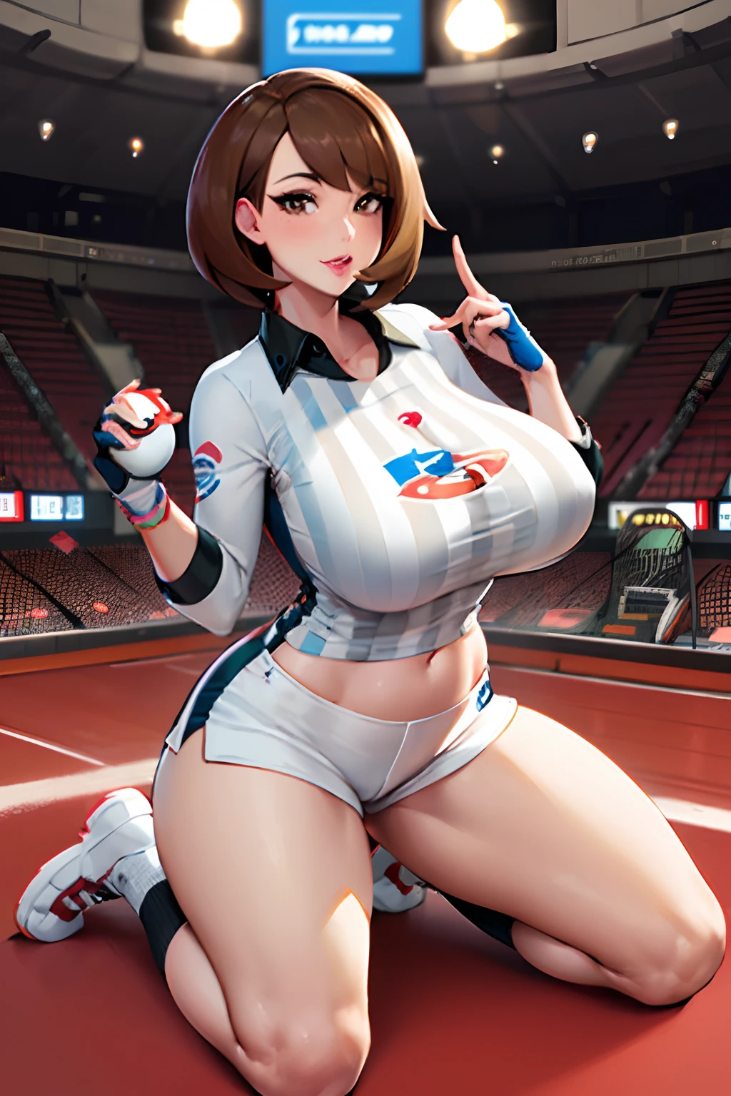((gloria_pokemon)), (masterpiece:1.2, best quality), realistic, (real picture, intricate details, depth of field), (1girl, solo), highly-detailed, gorgeous perfect face, ((gigantic breast)), (skindentation), thick thighs, (wide hips), average waist, tall, collared shirt, white socks, black shoes, white shorts, short hair, partially fingerless gloves, short shorts, kneehighs, striped shirt, print shirt, vertical stripes, sexy, blushing, (Adult Temptress) Voluptuous, Curvy, (Seductive dynamic pose), toned body, Lustful gaze, Sultry Woman, Temptation, brown hair, short hair, (bob cut), ((brown eyes)), covered, ((full body)), ((pokemon stadium))