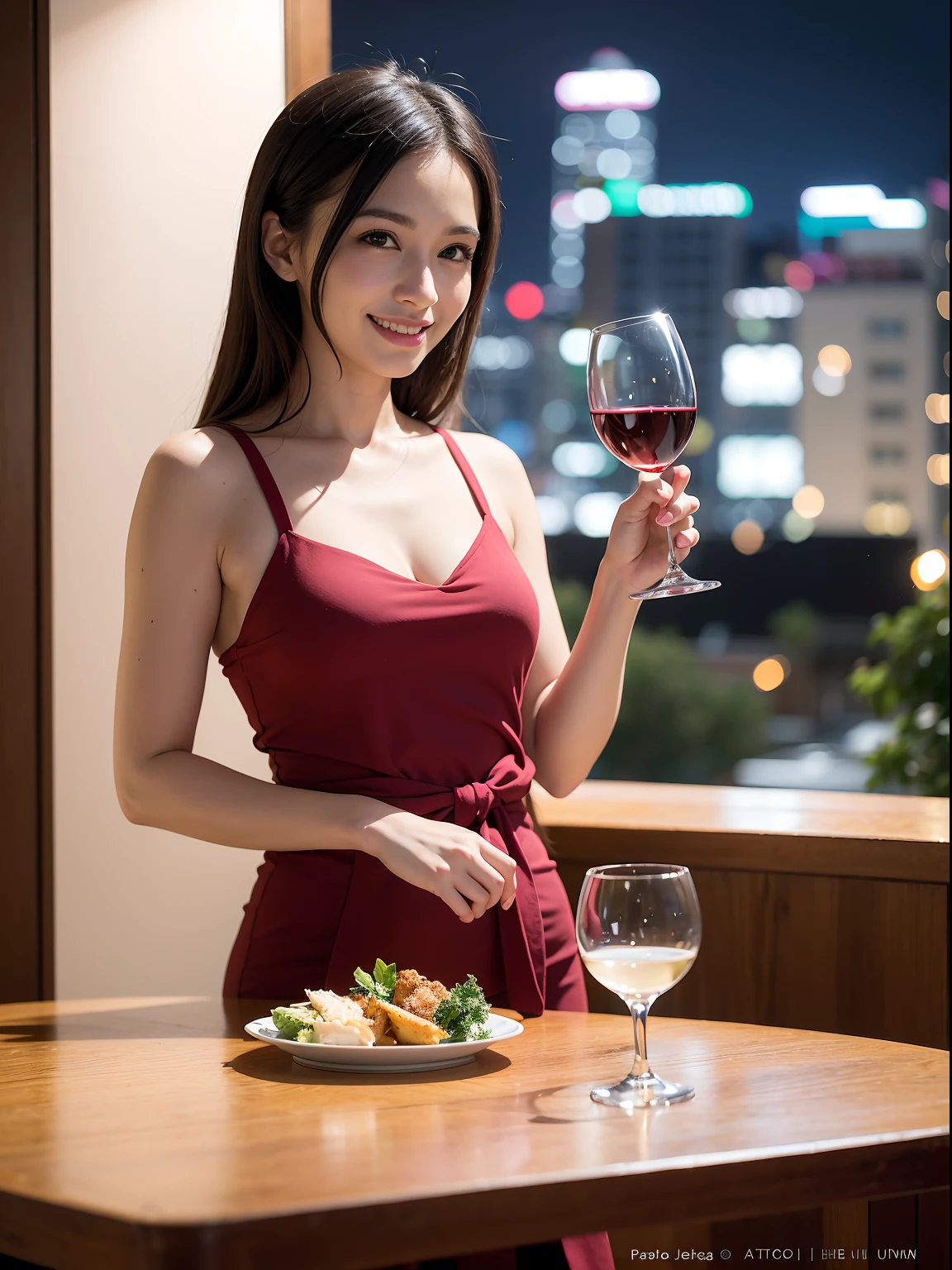 (64K, UHD, top quality, masterpiece: 1.2), (realistic, photorealistic: 1.37), super detailed, pretty woman 1 person, (slim face), (slim body), (brown hair), (short cut), cheeks slightly blushing, (44 years old), 38 years old, solo, beautiful detailed urban night view outside the window, restaurant, wine glasses sit, at night, in a prominent placeNovaFrogStyle, Actress, Model, Waist Up, White Wine, Slim, Wine Glass, Super Clean Night View, Wine Glass Put in the Middle, Happy Smile, (Smile: 1.15), Beautiful Fine Eyes, Upper Body, Bust Japan Up, Night, Short, Short, Actress, Model, Waist Up, White Wine, Slim, Wine Glass, Super Clean Night View, Wine Glass Put in the Middle, Happy Smile,