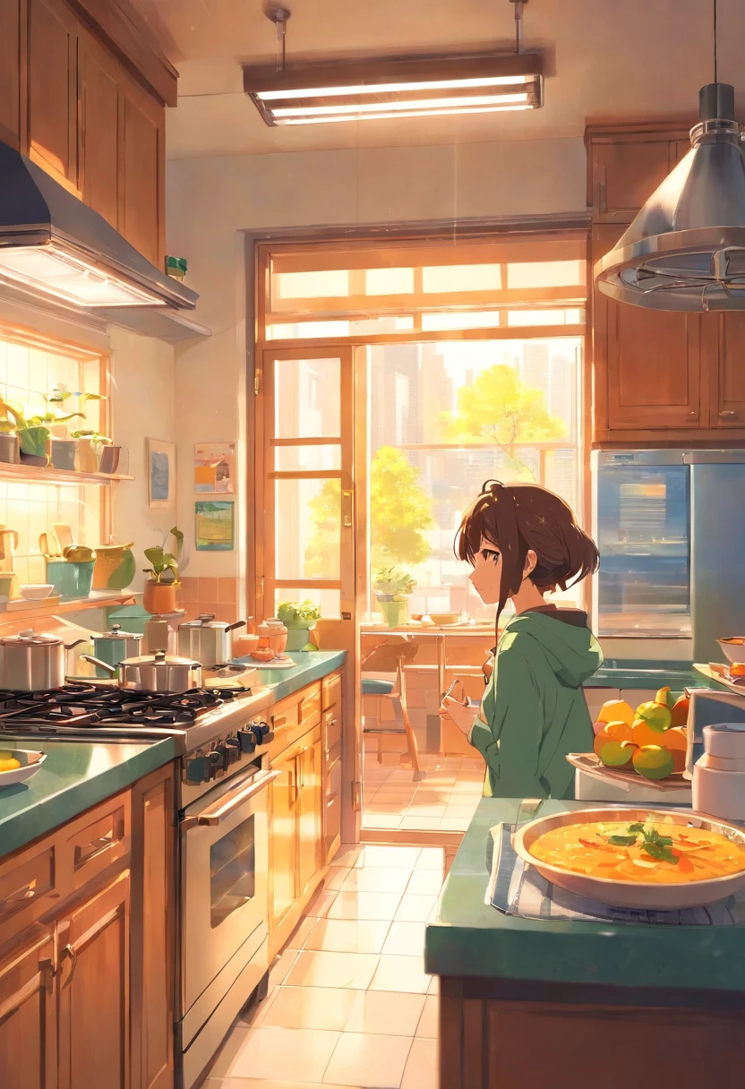 In the bright kitchen,(In the middle is the cooktop:1.4),(tap:1.2),cupboard, a range hood,Super detail, High details, High quality