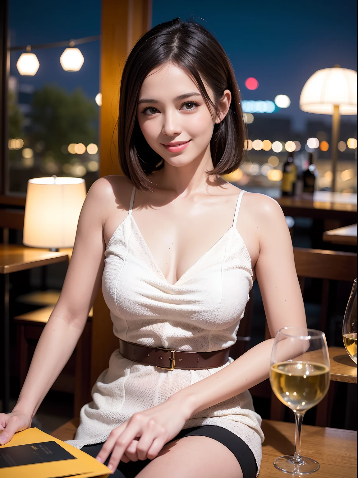 Skinny Japanese woman, 30th generation, One Girl,
(Wearing a sleeveless glittery evening dress:1.2),
((short, See-through skirt, She spreads her legs and touches her panties:1.5)),
(RAW Photos, highest quality), (Realistic, photo-Realistic:1.4), masterpiece, Very delicate and beautiful, Very detailed, 2k wallpaper, wonderful, In detail, Very detailedな, High resolution, Soft Light, Beautiful detailed girl, Very detailed eyes and face, Beautiful and detailed nose, Beautiful details,Cinema Lighting,((City lights at night)),Perfect Anatomy,smile,
Narrow shoulders, Beautiful clavicle, thin arms, length, Thin legs, Small Ass, No bra,
Slim figure, The beauty of slim abs :1.2, thin waist :1.2, thin thighs :1.2,
Very fine eye, Long, narrow eyes, Brown eyes, double eyelid, Extremely fine eyebrows, thin, Long eyelashes, Watery eye,
Ultra-detailed lips, Plump and moisturized lips, Glossy pink lips, Blushed, ((White beautiful teeth)),
Beautiful actress'Fatigue Make-up, Brightly colored moisturizing lipstick,
Dark brown hair, Delicate and soft hair, Hair blowing in the wind,
(Put your hair up, Medium Short Hair, ponytail:1.2),
Layered Cut, (Blunt bangs:1.2),
可愛いsmile, Please open your mouth a little, Dreamy look, ((Staring at the viewer)),
(((Photorealism))),((The body is facing the viewer)),
Dynamic Lighting,
Beautiful fashion accessories(((High detail,High detail,masterpiece,Simple and elegant ornaments,necklace,bracelet, ring, Earrings,))),
((Lift your face a little)),
((Squint your eyes)),
((Pursing your lips:1.2)),
((Blushing)),
((The cleavage is fluffy)),
((Flat Chest)),