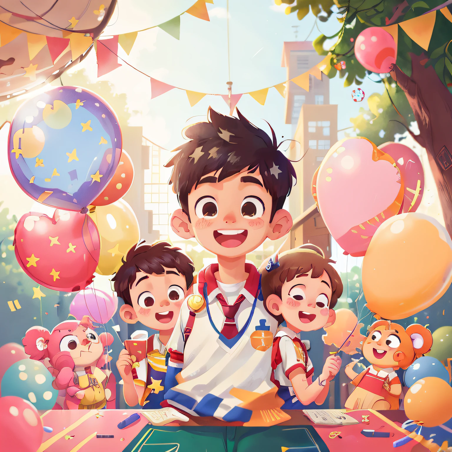 Young man in American college uniform、The background is a university、many balloons、Happiness、Happiness、perfectquality、Clear focus (Clutter-Home:0.8)、(​masterpiece:1.2) (realisitic:1.2) (bokeh dof) (top-quality) (detailed skins:1.3) (intricate-detail) (8K) (Eye of Detail) (foco nítido), (Happiness)