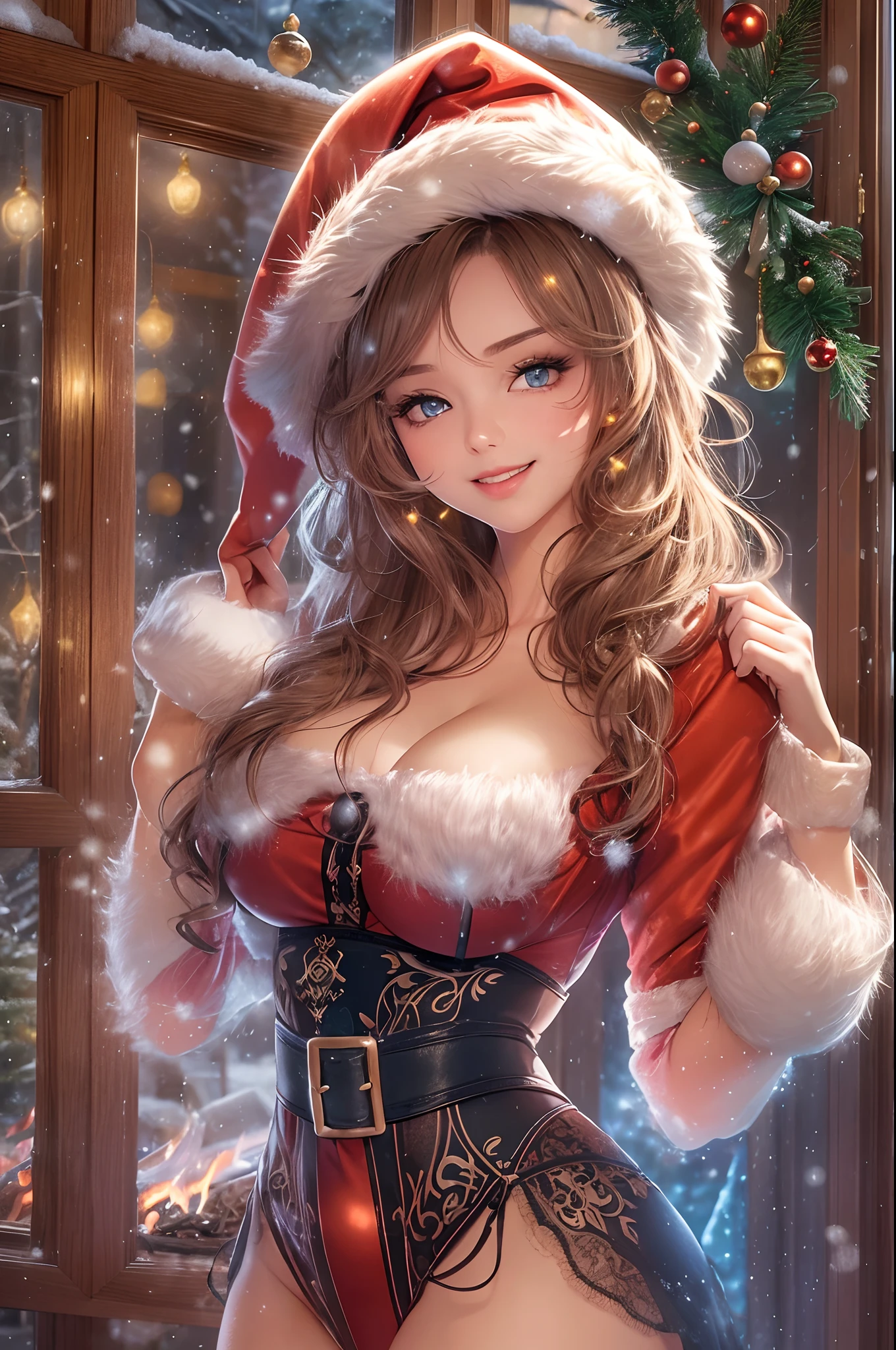 Beautiful and sexy Santa Girl  wearing a sexy form fitting beautiful santa outfit, lots of fir complex designs,Slim body, huge boobs, thin waist. In a magical cozy cottage filled with majical christmas decorations, roaring fire in the fireplace, warm lights contrasting cold blue outside big window to see the winter wonderland outside. COttage has a lot of beautiful wood inside, magical looking inside.