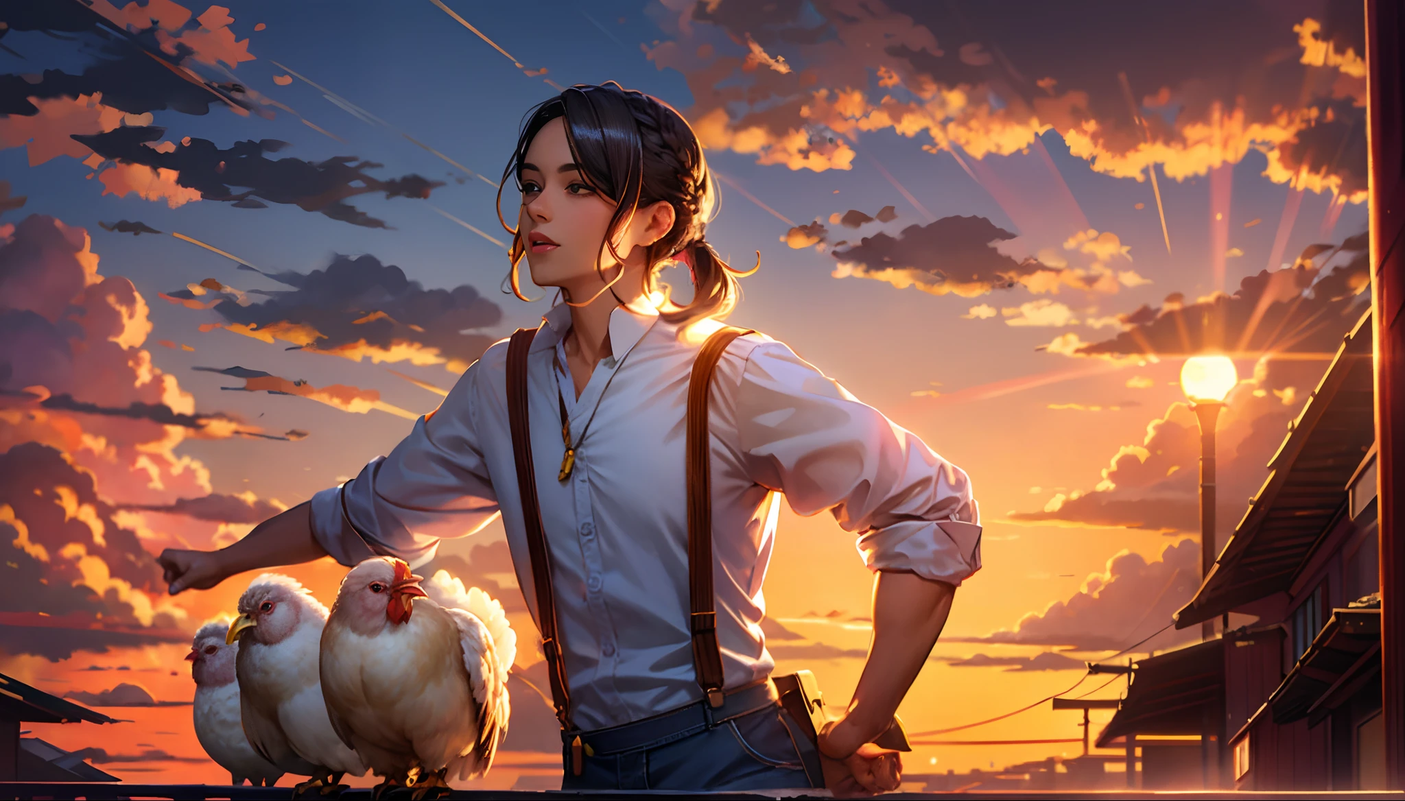 the sunset，eventide，middle parted hairstyle，Suspenders，Throw the chicken