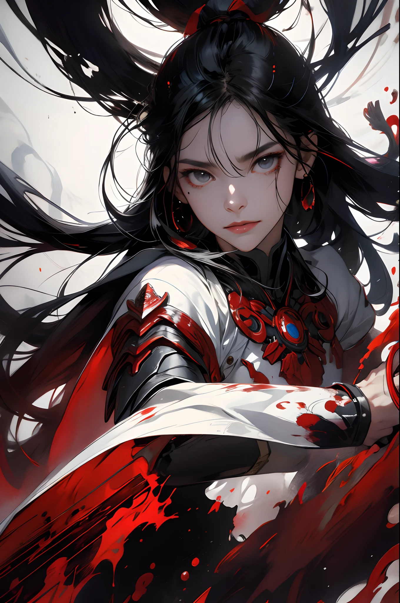1girl,weapon,long hair,black hair,white background,solo,arm guards,looking at viewer,black eyes,tabi,floating hair,full body,blood on face,red armor,fractal art,abstract background,ink wash painting, (style-swirlmagic:0.7), masterpiece,ultra realistic,32k,extremely detailed CG unity 8k wallpaper, best quality