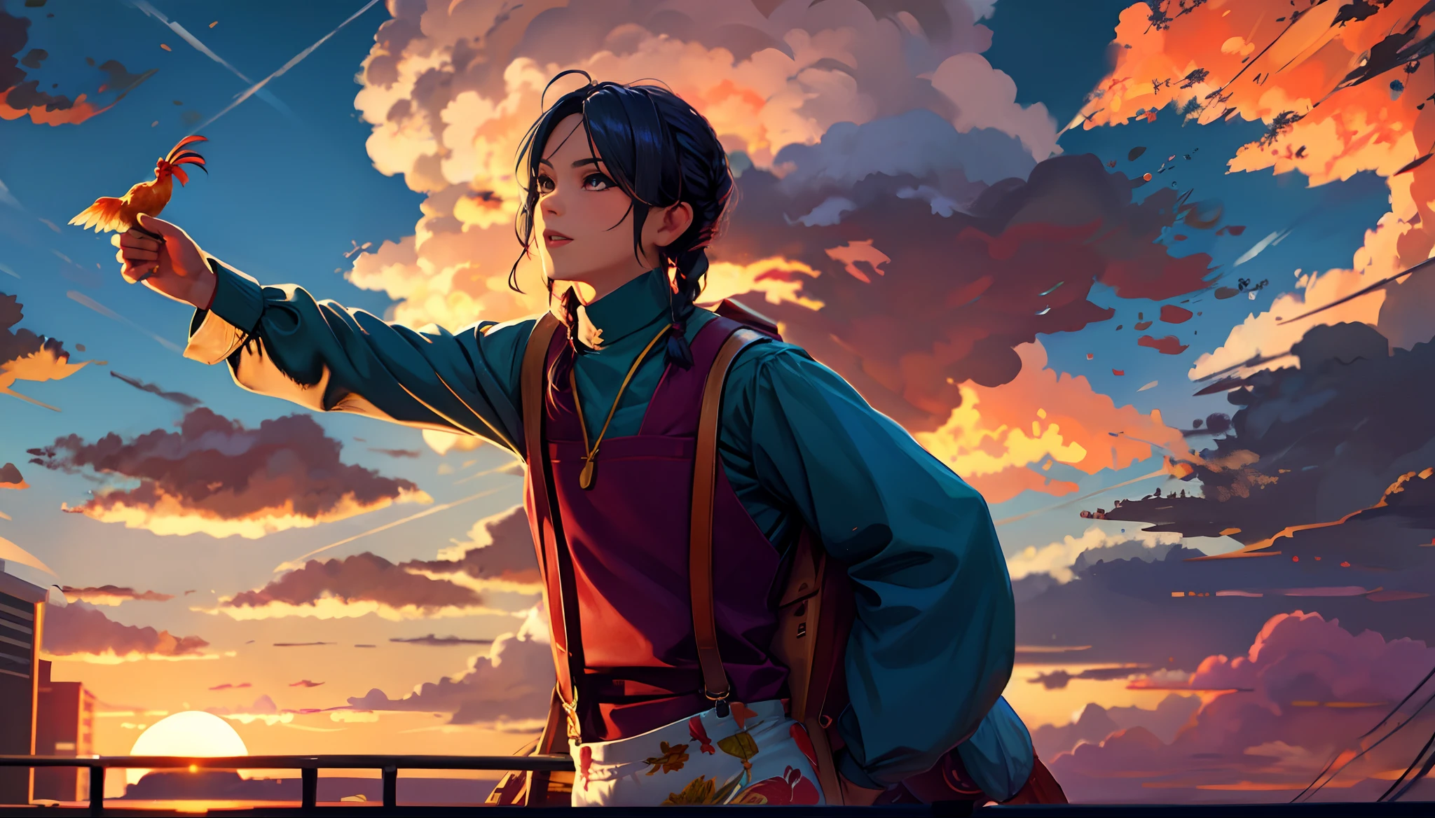 the sunset，eventide，middle parted hairstyle，Suspenders，Hand throwing chickens