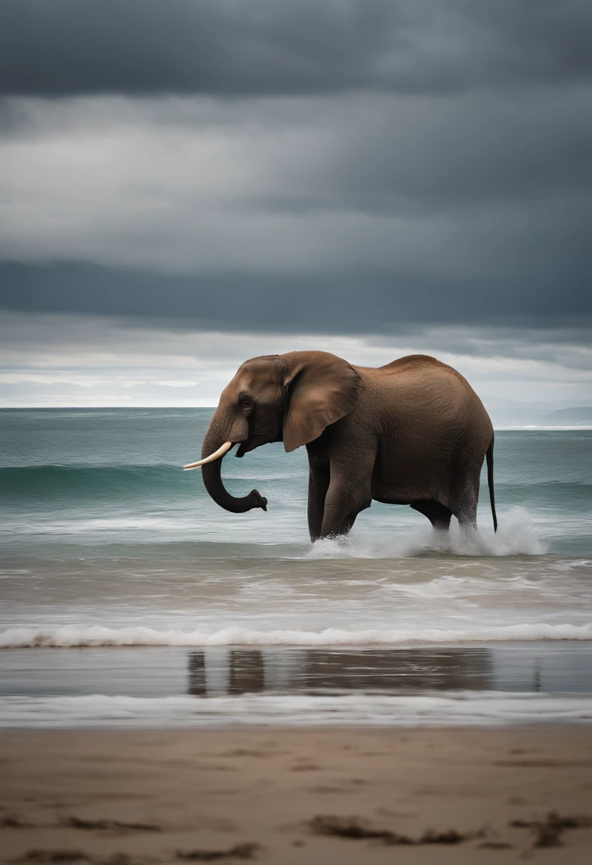 An elephant,Take a walk by the vast sea,Highlight the sea,The elephant is sideways