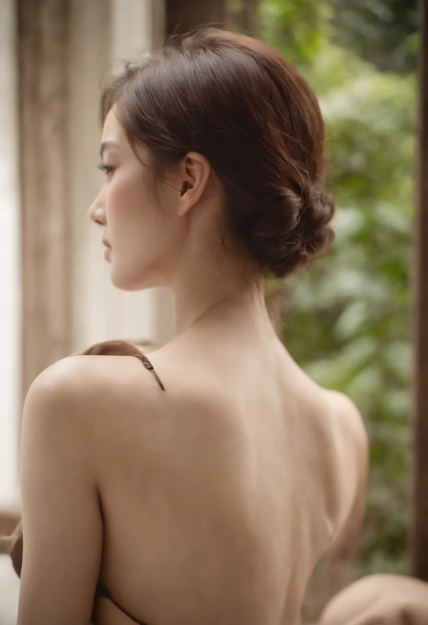facing back,intaglio,From below,No bra,The No,Invisible through clothing,bob hair,Brown hair,Brown eyes,Naughty expression,hot onsen,Best quality,Masterpiece,Ultra-detailed