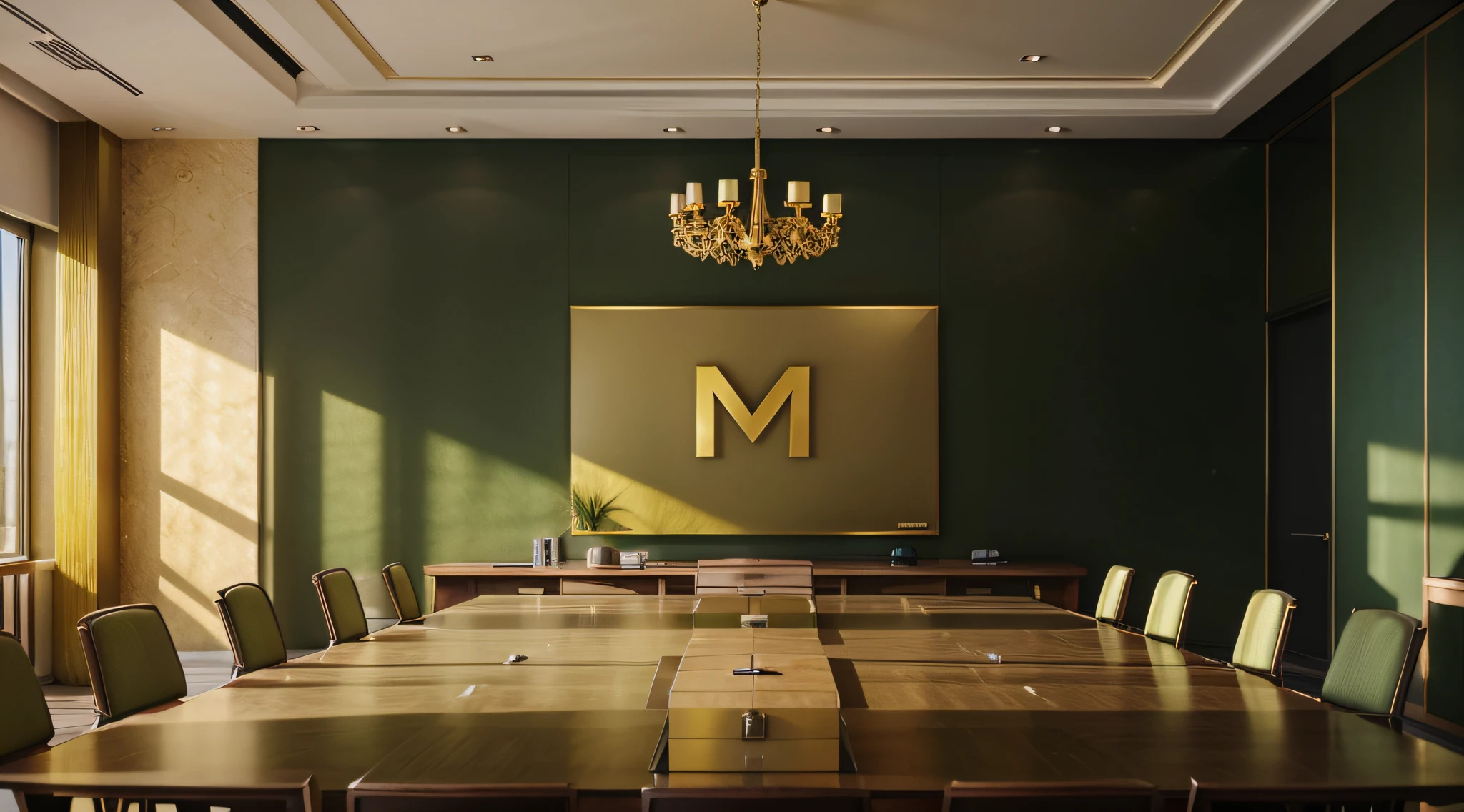 realistic green and gold color scheme large boardroom. Make the letter "M" in gold hanging elegantly on wall, 4k, stunning