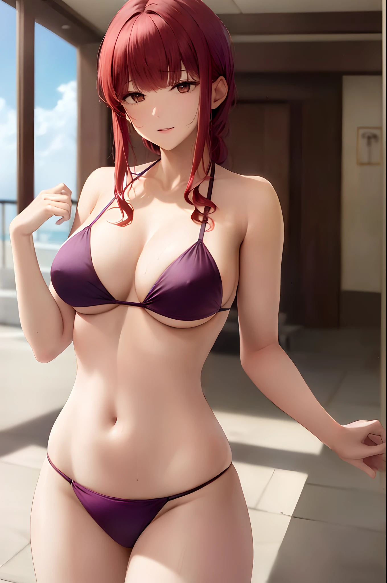 Obra maestra, La mejor calidad, Ultra detallado, beautiful lighting, 1girl, Pelo rojo, ojos rojos, Bikini morado, Mirando al espectador, sexy,tetas muy grandes, en un hotel, Bikini morado, ojos rojos, red hair