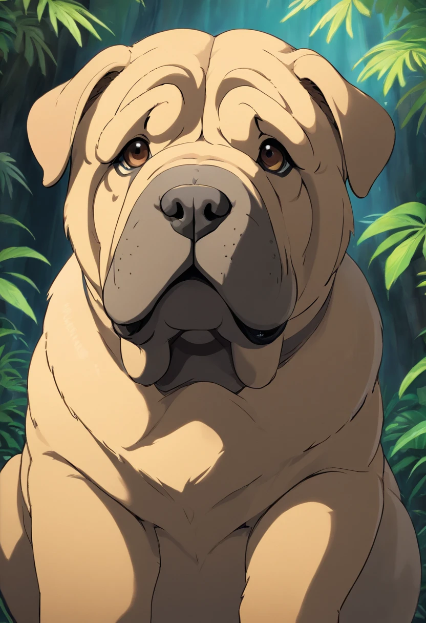 Shar pei, dark brown fur, adult male, disney, pixar cgi, movie poster background, wrinkles