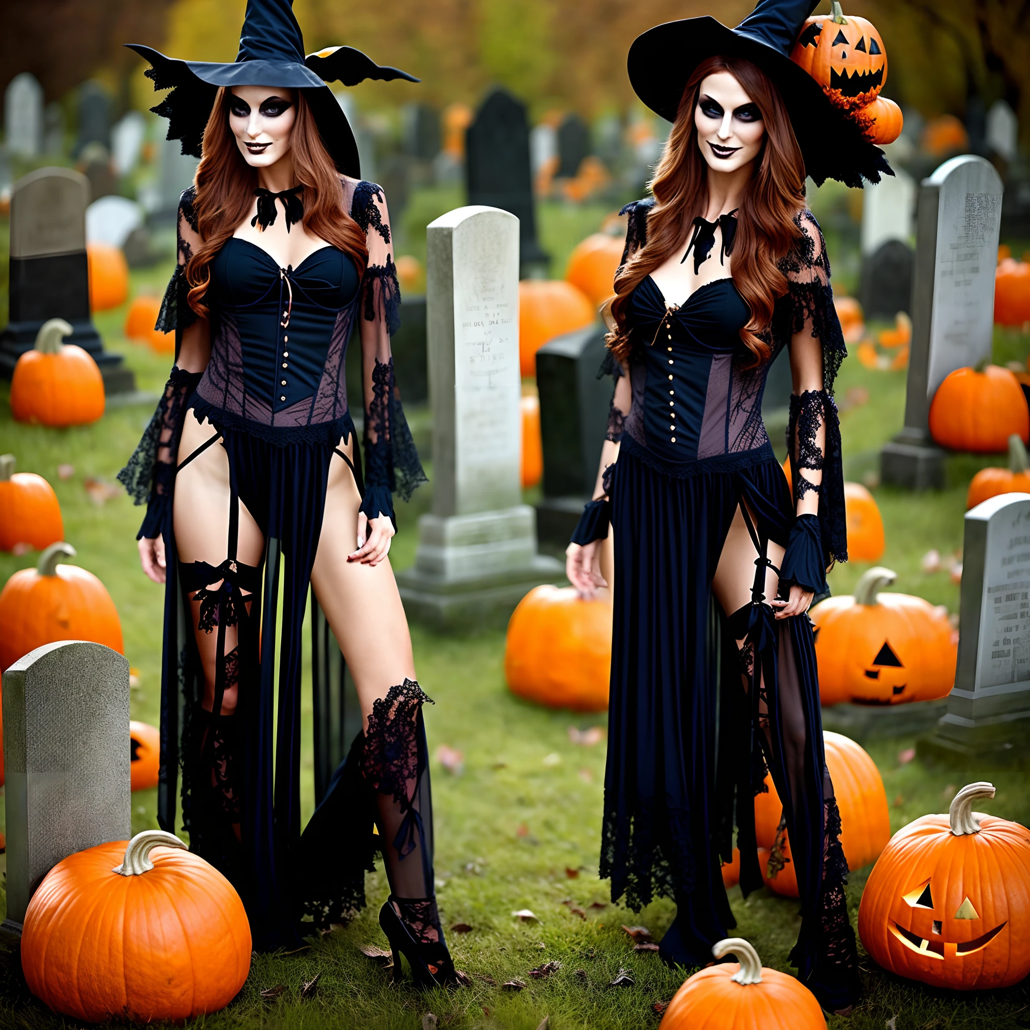 Georgeous supermodel, wearing witch outfit, lingerie, posing in a graveyard, cemetery, pumpkins, bats, sexy, Halloween