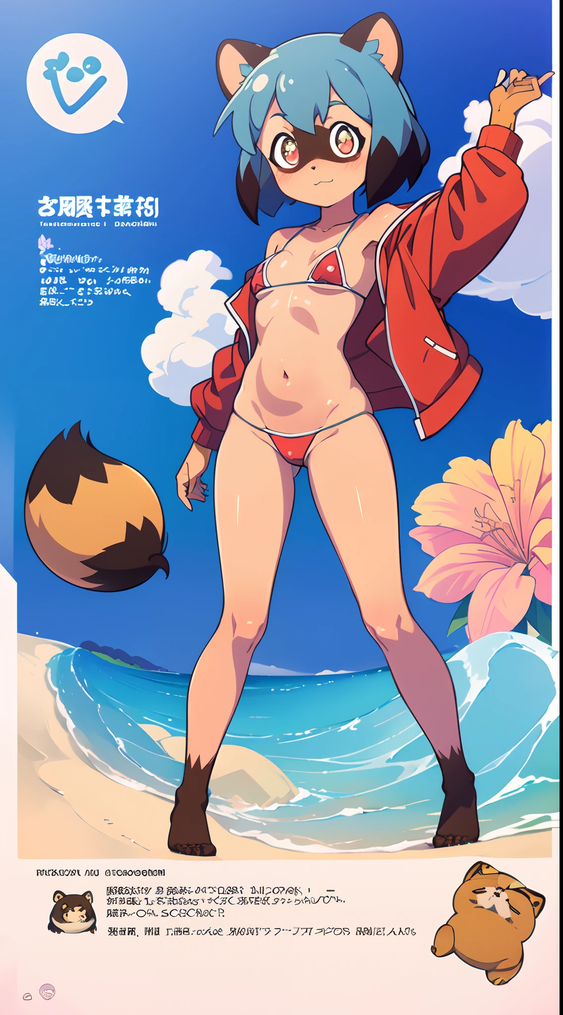 Michiru kagemori, tanuki, furry girl, beach, clear sky, :3, detailed body fur, detailed body, detailed face, detailed eyes, glistering body, shiny body, red jacket, open clothes, sport bikini, small breasts,