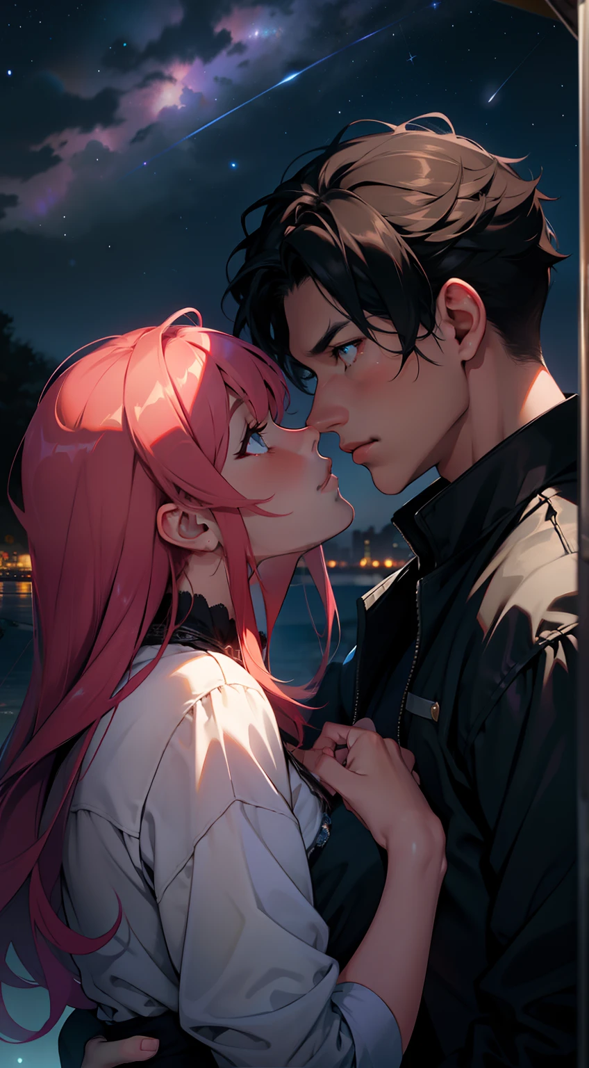As night fell,Soft starlight shines on the two lovers,They kissed romantically under the bright starry sky,man has red eyes, woman has black hair and blue eyes