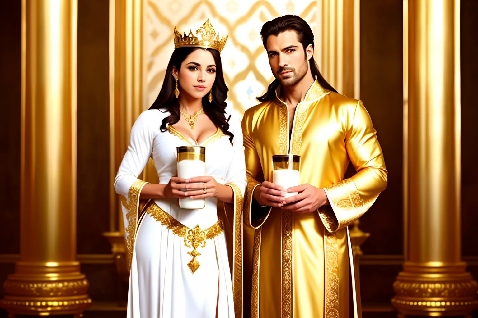 Sexy handsome king muscles milk. Standing with sexy queen gorgeous holding milk. Wearing royal robes. Dripping milk. Golden element. Prestige royalty. Ornate and elaborate