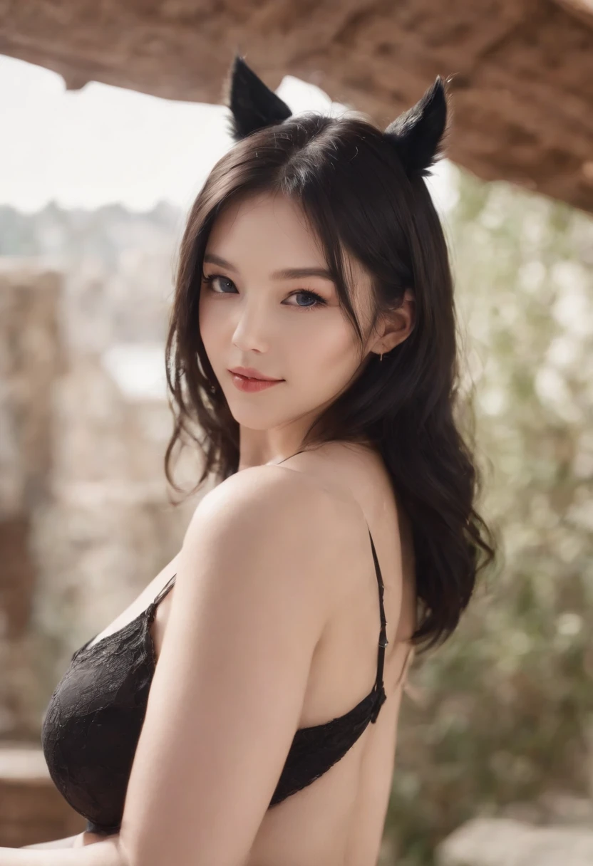black hair, hair bobbles, wince, longeyelashes, solid circle eyes, fake animal ears, light smile, ear blush, fang, full bodyesbian, long leges, big breasts thin waist, huge tit, Surrealism, drop shadow, anaglyph, stereogram, tachi-e, pov, atmospheric perspective, 8k, super detail, ccurate, best quality