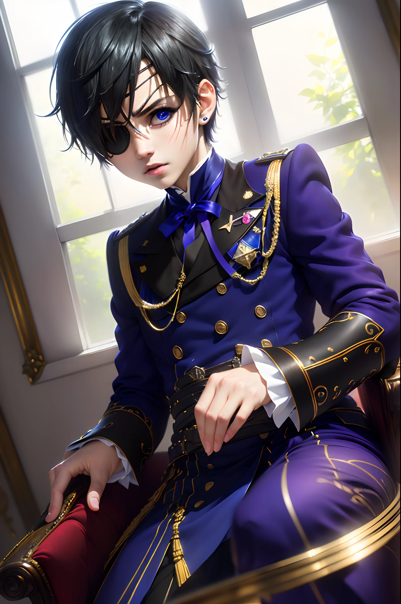 (Best Quality,4k,8k,highres,巨作:1.2),A highly detailed,(Realistic,Realistic Photos,Realistic Photos:1.37),portrait,anime,Phantomhive Sky,boy,10 years old,,dark hair,Intense look,pale skin,Royal Uniform,Classic Victorian style,Stylish clothes,Precision stitching,Feather has,Golden accents,deep blue eyes,Purple eye patch,Detailed lashes,exquisite facial features,serious expression,Confident position,Stand in majestic, Sit in a beautiful office with a window behind it overlooking the garden,Dramatic shades,Invisible lens glow,vibrant colours,Rich color scheme,Royal Purple,Royal Blue,Delicate pastel tones,Gentle sunlight flows through the leaves. Ten-year-old boy dressed in boyish clothes with short hair