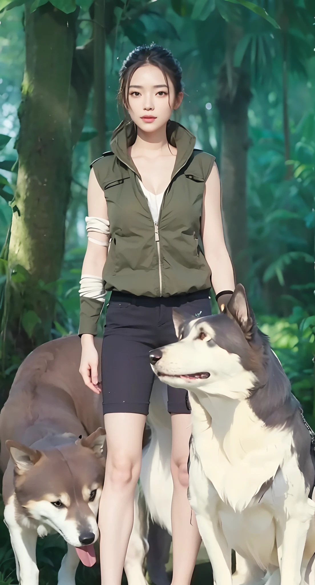 Real life adaption of this character, beauty face,looking to viewer,realistic same hair ,realistic jungle with many grass background, hyper realistic, realistic light, realistic shadow, realism,(photorealistic:1.2), (realistic same outfit ), Realistic dog