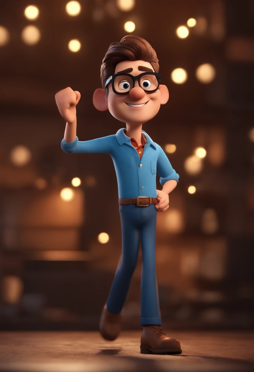 Cartoon character of a man with black glasses and a blue shirt, animation character, Caractere estilizado, animation style rendering, 3D estilizado, Arnold Maya render, 3 d render stylized, toon render keyshot, Personagem 3D, Personagem 3D, 3d rendering stylized, 3 d character render, personagem de desenho animado, Personagem de close up, Pose de personagem,  (Estilo Pixar) (master part:1.2) (Bokeh) (best quality) (pele detalhada) (textura detalhada) (8k) (argila) (Cinematic lighting) (foco nítido